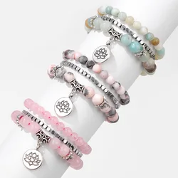 Healing Natural Stone Beads Bracelet for Women Round Lotus Charm Bracelet Set Men Jewelry Relief Yoga Female Bangles Friendship