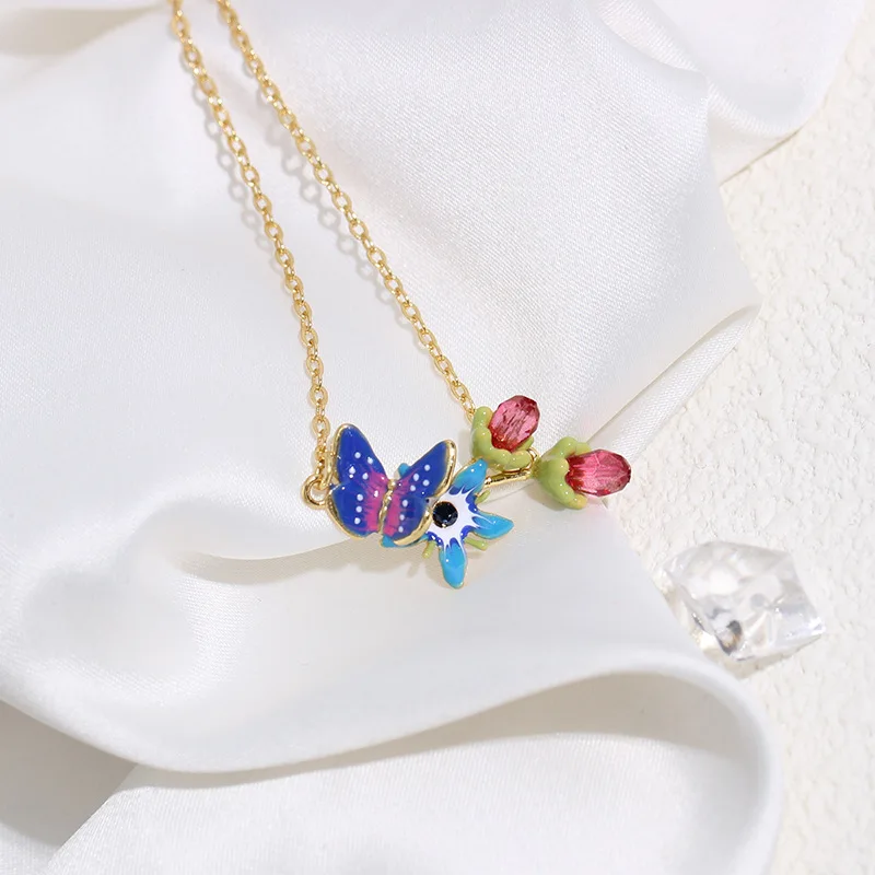 

Fashion Boho Cute Blue Butterfly Flower Pendant Wine Red Faced Glass Charms Necklace, Yellow Butterfly Dangle Choker for Women