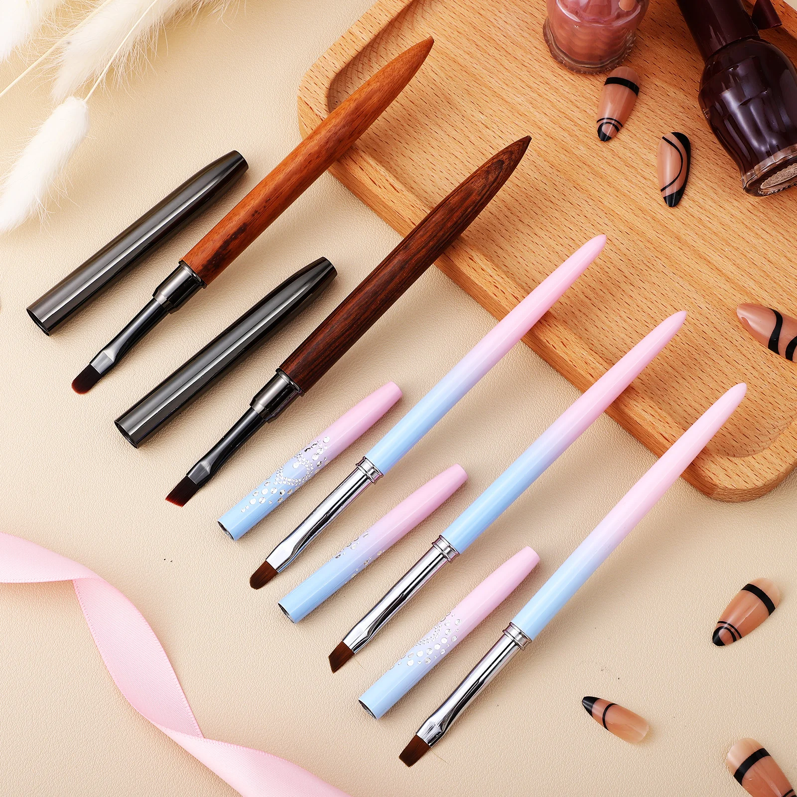 5本セット ネイルアートブラシ フラット ラウンド アングルヘッド クリーンアップブラシ ポリッシュ除去 マニキュア ジェルエクステンション サロン 家庭用 耐久性