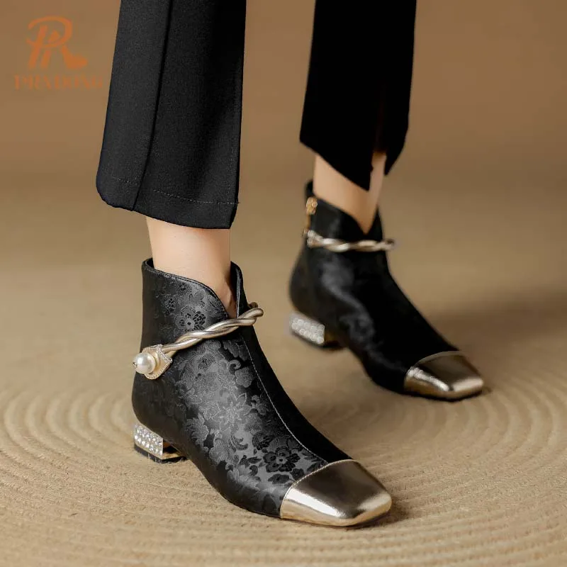 PRXDONG New Fashion Women ANkle Boots Leather Crystal Low Square Heels Black Apricot Zipper Dress Party Female Shoes Size 34-40