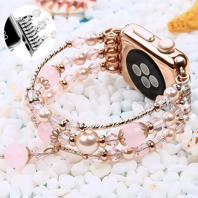 Fashion Women Pearl Strap for Apple Watch Band 40mm 41mm 38mm 42mm 44mm 45mm for Iwatch Series 7 8 SE 6 5 4 Elastic Bracelet