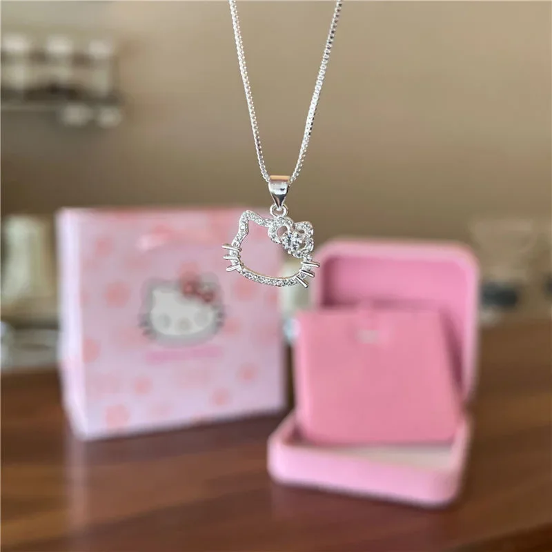 Kawaii Hello Kitty Sanrio Collana di cristallo rosa Lega d'argento Anime Catena di gioielli Fascino femminile Accessori di San Valentino Regalo per ragazza