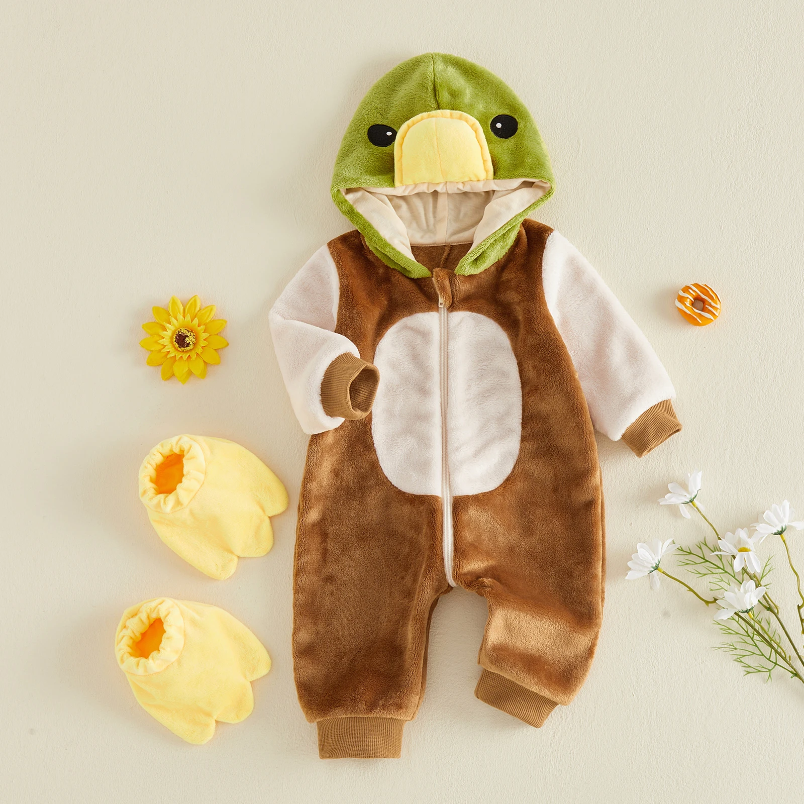Baby Winter Snowsuit Cute Duck Costume Plush Infant Long Sleeve Zip Up Hood Jumpsuit Warm Clothes