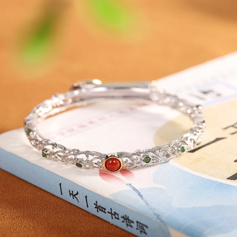 S925 Sterling Silver Bracelets for Women New Fashion Contrast Colored Hollow Bamboo Joint Inlaid Jade Agate Bangle Wholesale