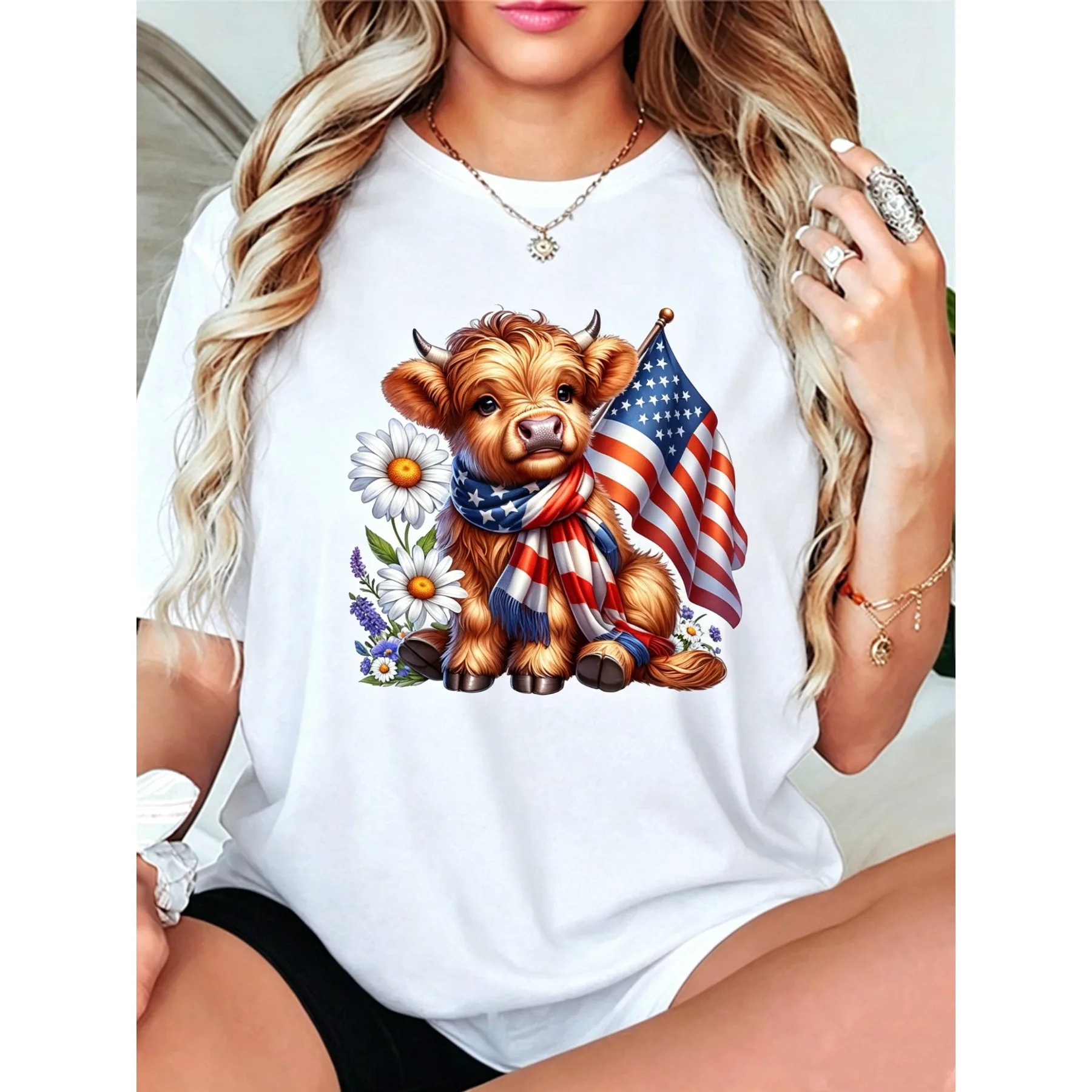 Funny Highland Cow American Flag Graphic T Shirt 4th of July Unisex Summer Short Sleeve Crew Neck Tees Pure Fabric Regular Fit Casual Everyday Holiday Celebration Tops for Men Women