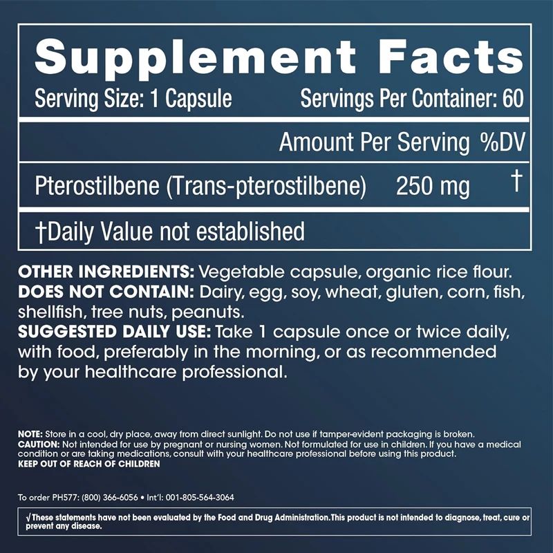 Pterostilbene Pro 250 (60 capsules) lifespan | Strong antioxidant. Support healthy aging, heart health, and brain cell health.