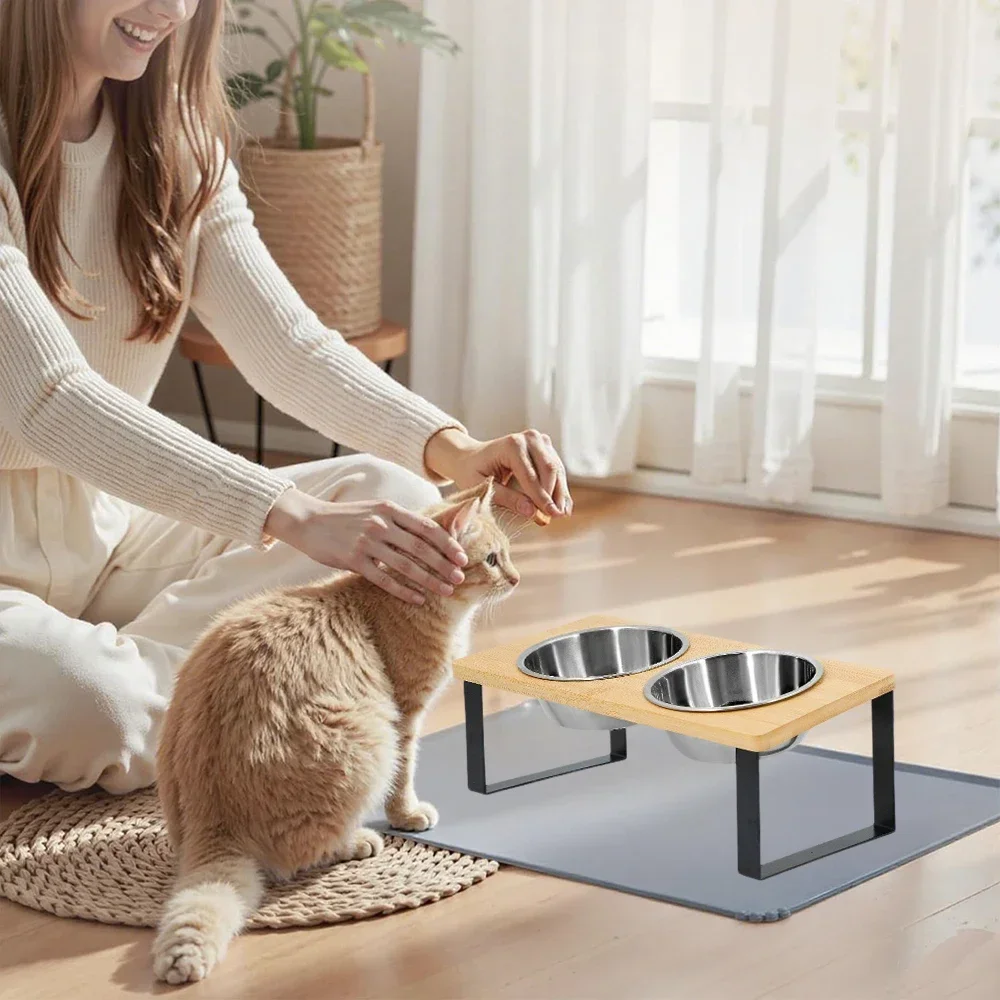 Elevated Cat Bowls with Food Mat 15 Degrees Stand Anti Vomiting Raised Cat Dishes 2 Stainless Steel Bowls for Cats and Puppy