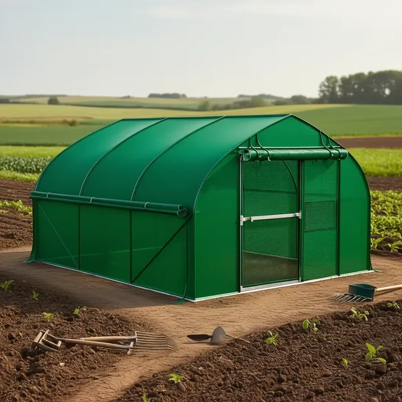 Tunnel Agricultural Greenhouse for 11.5 Ft Steel Hoops with Mesh Door Green Color Large Size Film Cover