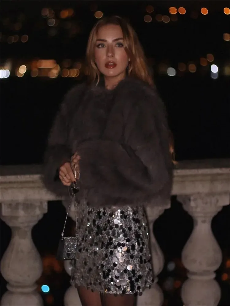 Traf kurz geschnittene Kunst pelz jacke weibliche flauschige Winter frau Mantel Luxus elegante Damen jacken Langarm kurze Mäntel Strickjacke