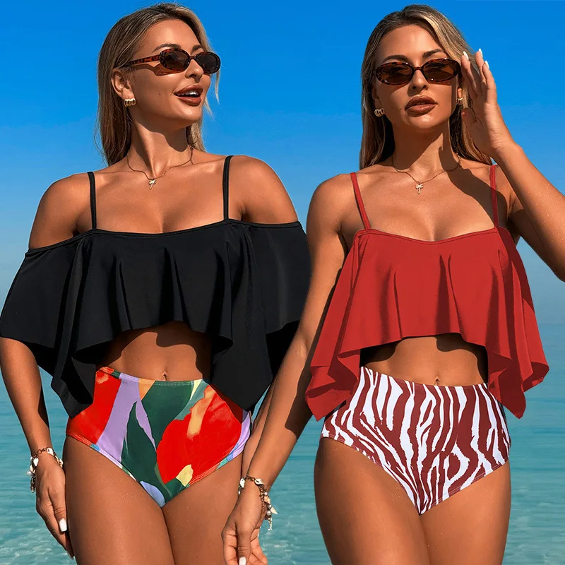 

Bikini Sets For Women Ruffles Bikinis Bra and Printing Shorts Ladies High Waist Summer Beach Bathing Suits Swimsuits