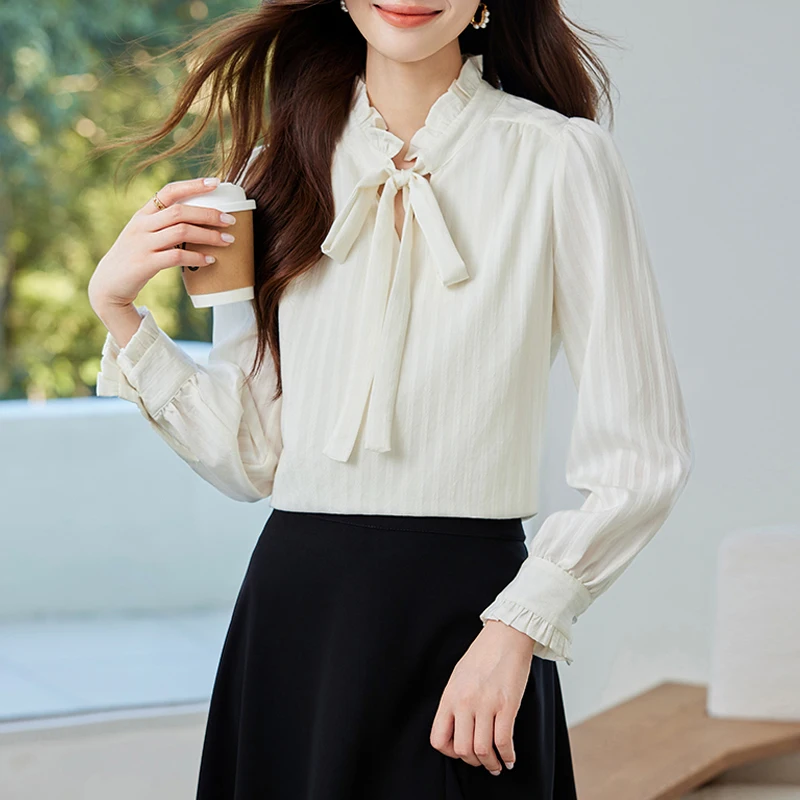 

Long Sleeve Bow Tie Chiffon Shirts Fashion Blouse Women 2025 Elegant Business Loose Blouses Ladies Spring Autumn Chic Tops