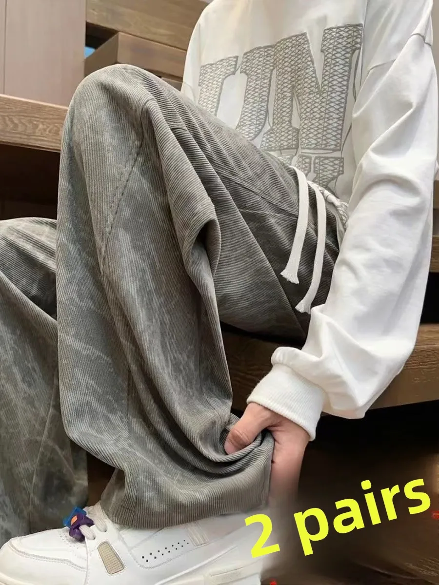 Plones Anchos de Moda Americana para Hombre, Primavera-Otoño, uesos, Sueltos, Rectos, Casus, de Pana Teñida, Plo...