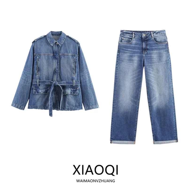 

Fall 2025 New Women's Long Denim Jacket Coat with Belt Long Pants Fashion Set European Style Adult Size Autumn Season