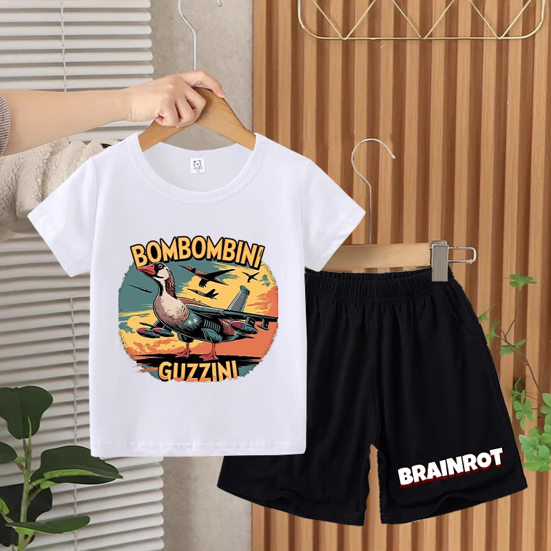 Brainrot italiano crianças camiseta shorts conjunto de algodão verão meninos roupas aniversário presentes moda em torno do pescoço impresso crianças roupas