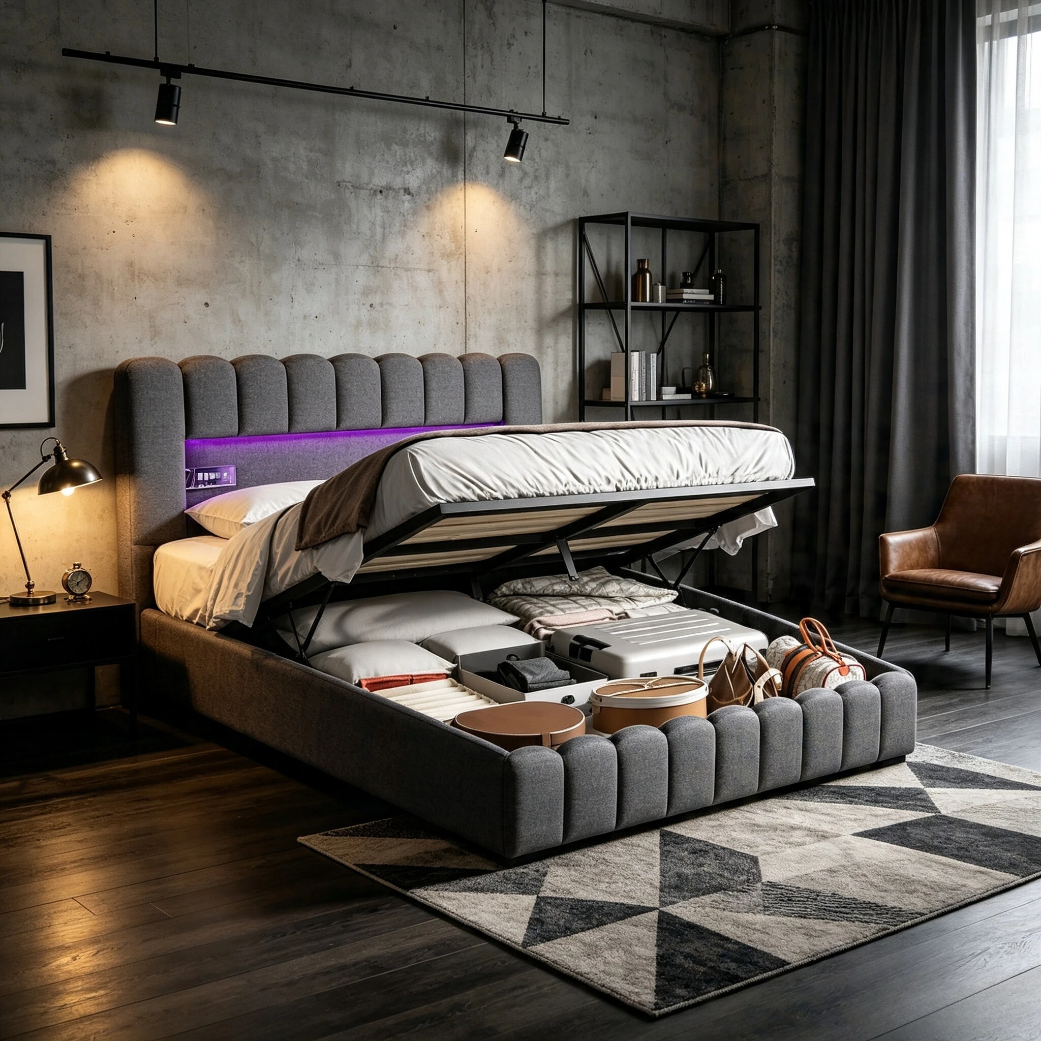 Rosahqnda Lit double pour adulte 140/160/180x200 cm avec éclairage LED, cadre de lit rembourré design souche d'arbre pour chambre à coucher, tissu velours/lin, gris, sans matelas