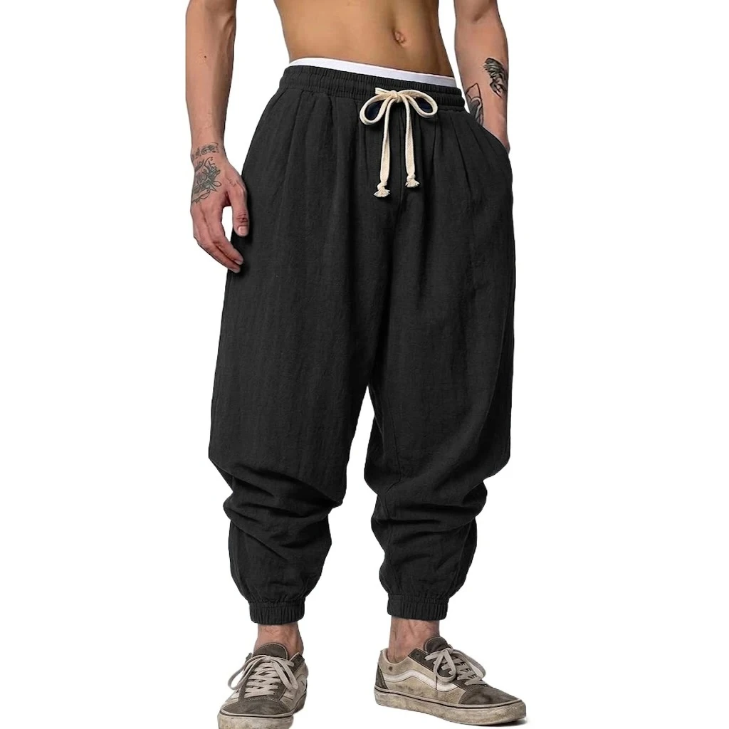 Korean Linen Trousers Man Autumn Gym Man Yoga Casual Baggy Pants Spring Autumn Harem Pants Loose Drawstring Work Pants Men