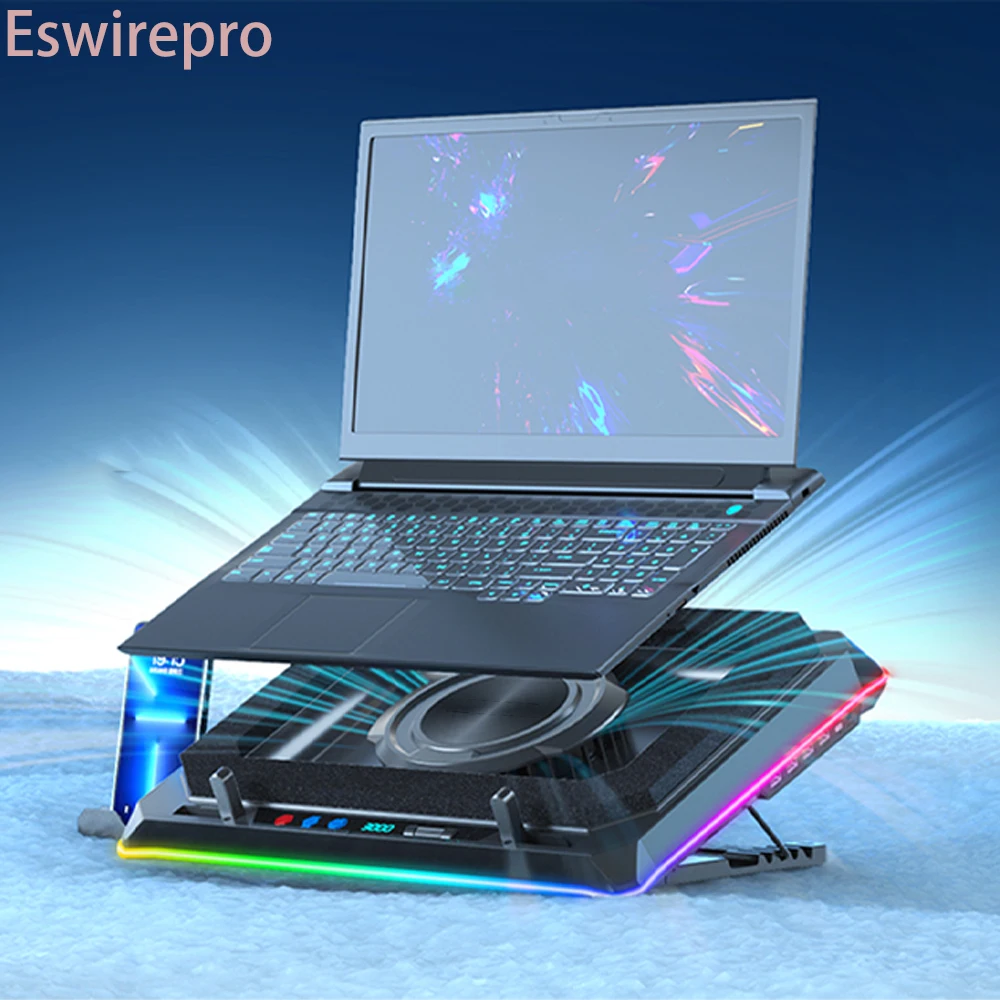 Eswirepro A8 Gaming Laptop Cooling Pad with Powerful Turbofan for 15-21 Inches RGB Laptop Cooler Stand with 8 Height Adjustable