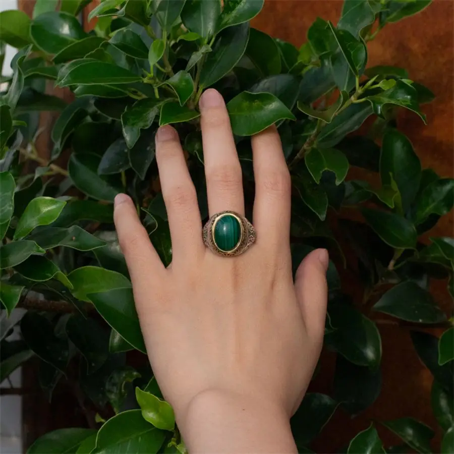 Wholesale Real 925 Sterling Silver Turkish Ottoman Rings Wedding Fashion Natural Malachite Stone Handmade Vintage Ring