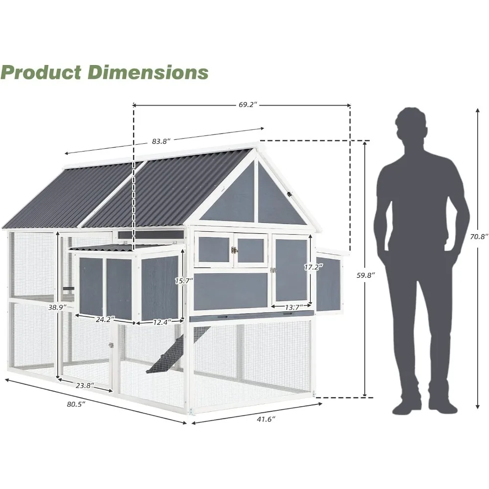 Large Chicken Coop, 84 Inch, Holds 8-10 Chickens, with Run, Sun Roof, Outdoor Poultry Cage, Wooden Chicken Coop