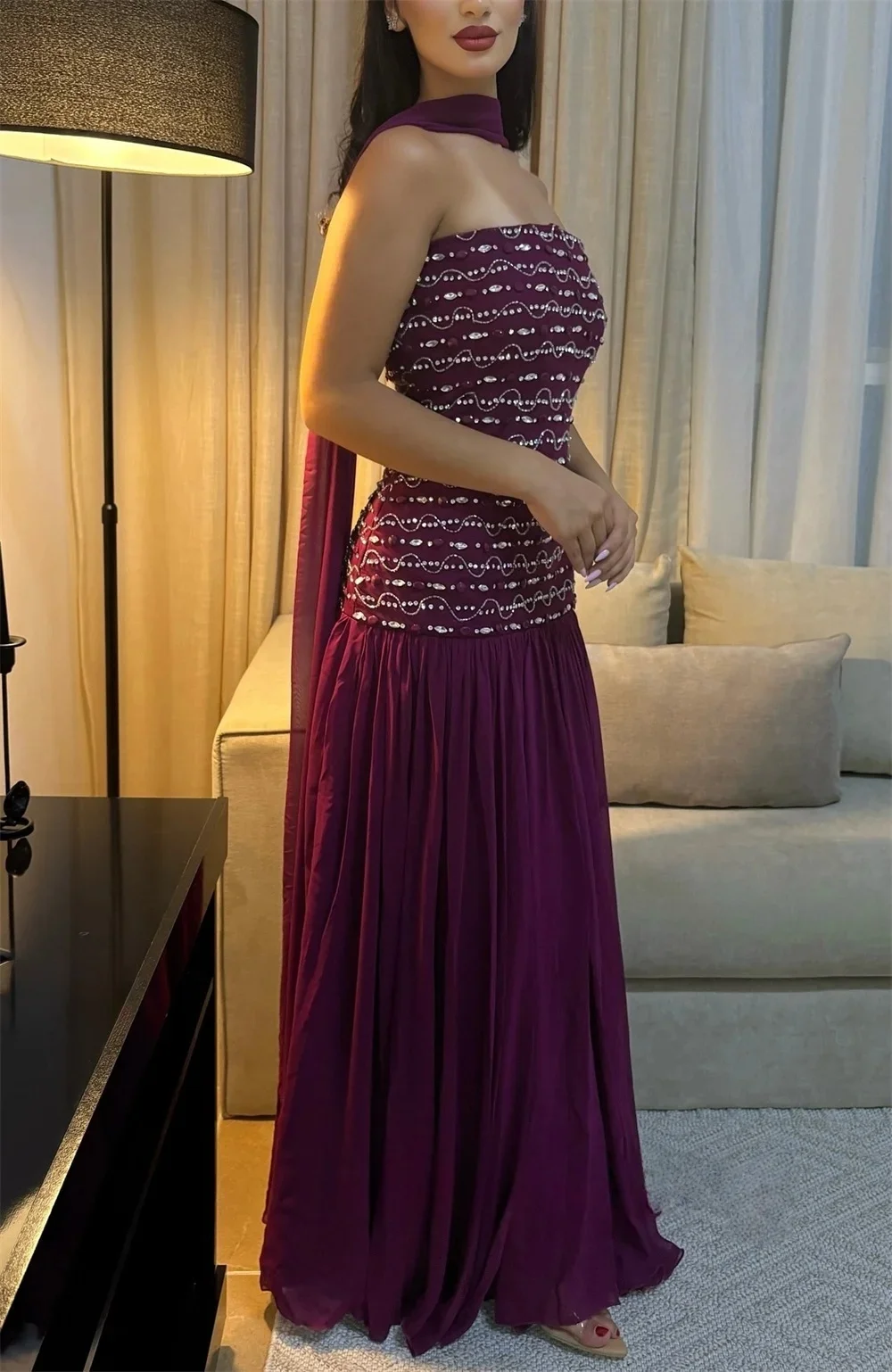 Robe de soirée longue en mousseline de soie violette, perlée, sur mesure, Pastrol, Jersey unisexe, rétro, dubaï, saoudien, arabe, bal personnalisé