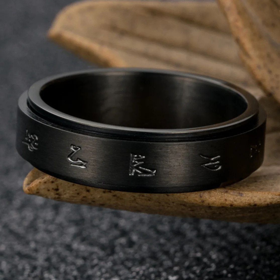 Buddhist Touch Men's Of God Tibetan Black Mantra Spinner Rotatable Lucky Narrow Small Rings For Women Man Religious Accessories