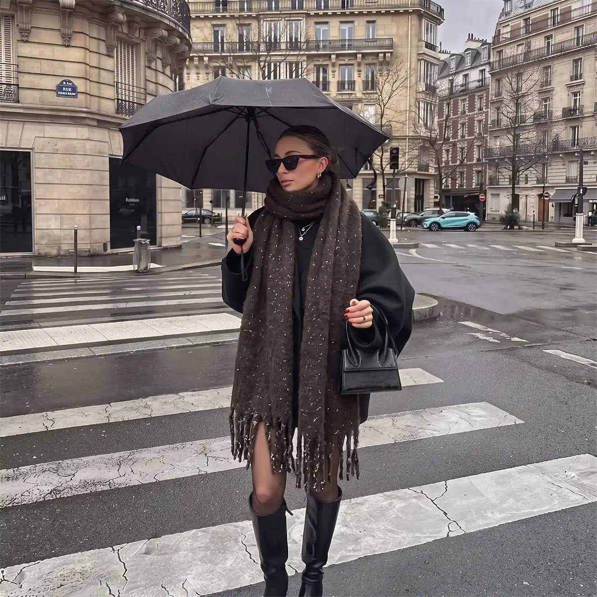 Winter Fringed Shawl Polyester Monofilament Glimmer Long Neck Scarf Flowy Texture For Winter Season Celebration Party Attire