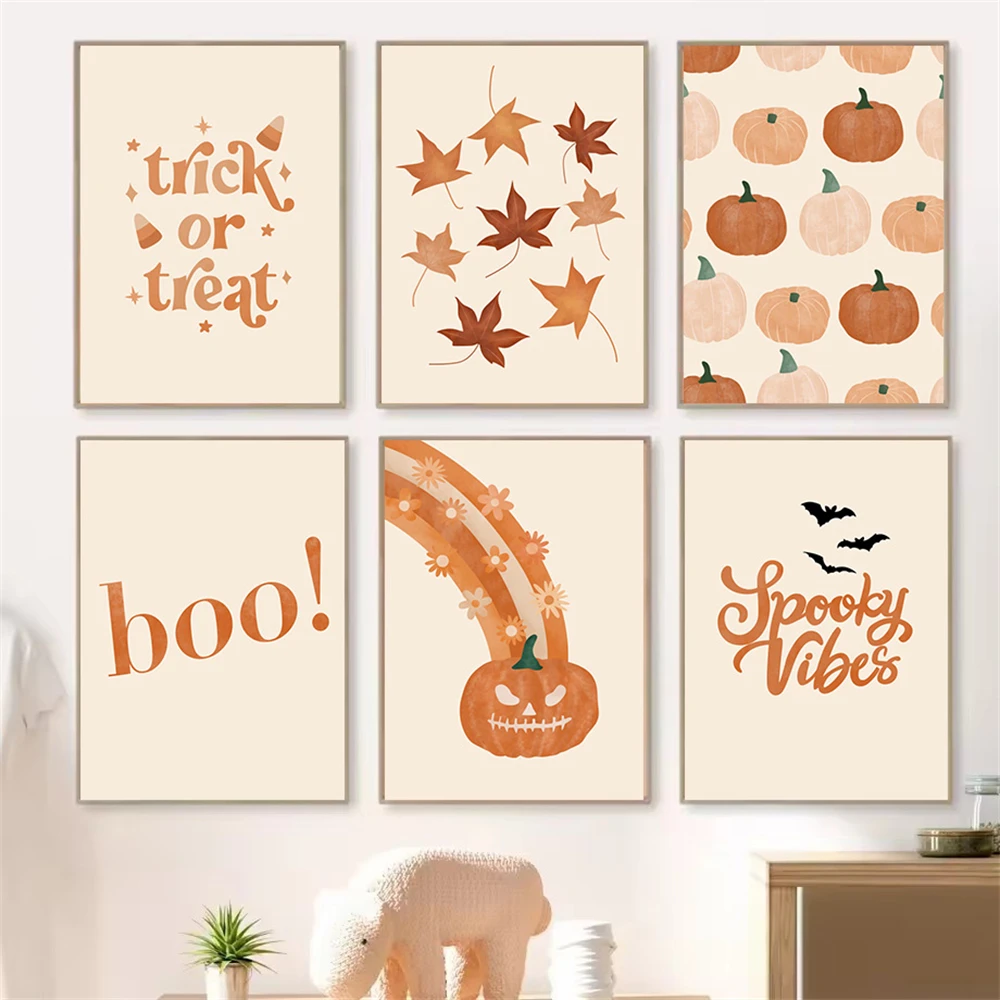 

Classic Hallowmas Canvas Painting Fall Leaves Pumpkins Wall Art Posters and Prints Vintage Picture Living Room Home Decoration