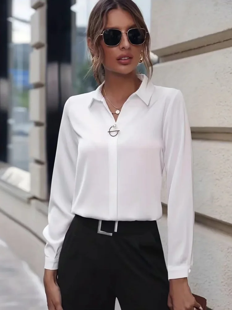 Women Spring Summer Style Blouses Shirts Lady Office OL Style Turn-down Collar Long Sleeve Solid Color Blusas Tops DF5000