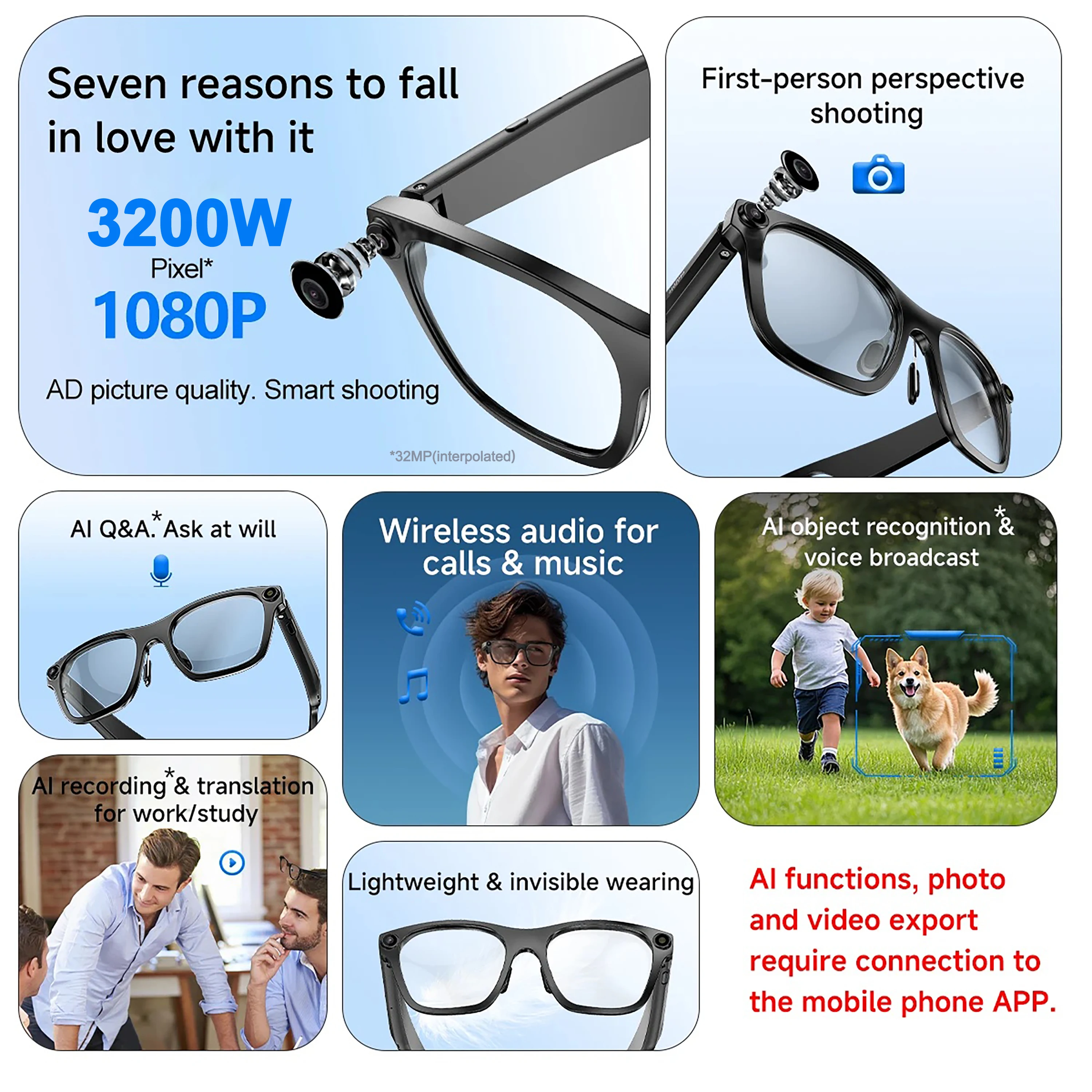 Smart Glasses with AI Translation 1080P Camera IP65 Waterproof Bluetooth 5.0 W20 Chip 260mAh Battery 12H Music 7 Day Standby
