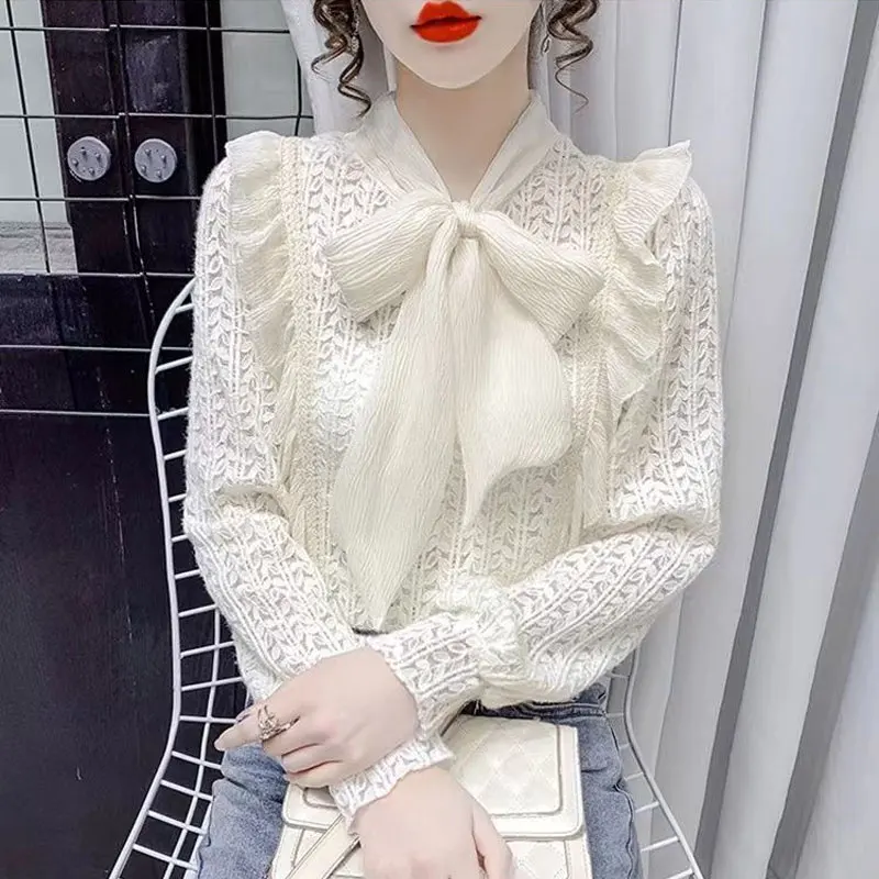 

Female Clothing Commute Sweet Bow Blouse Spring Autumn Lace Fashion Ruffles Spliced Elegant Scarf Collar Drawstring Slim Shirt