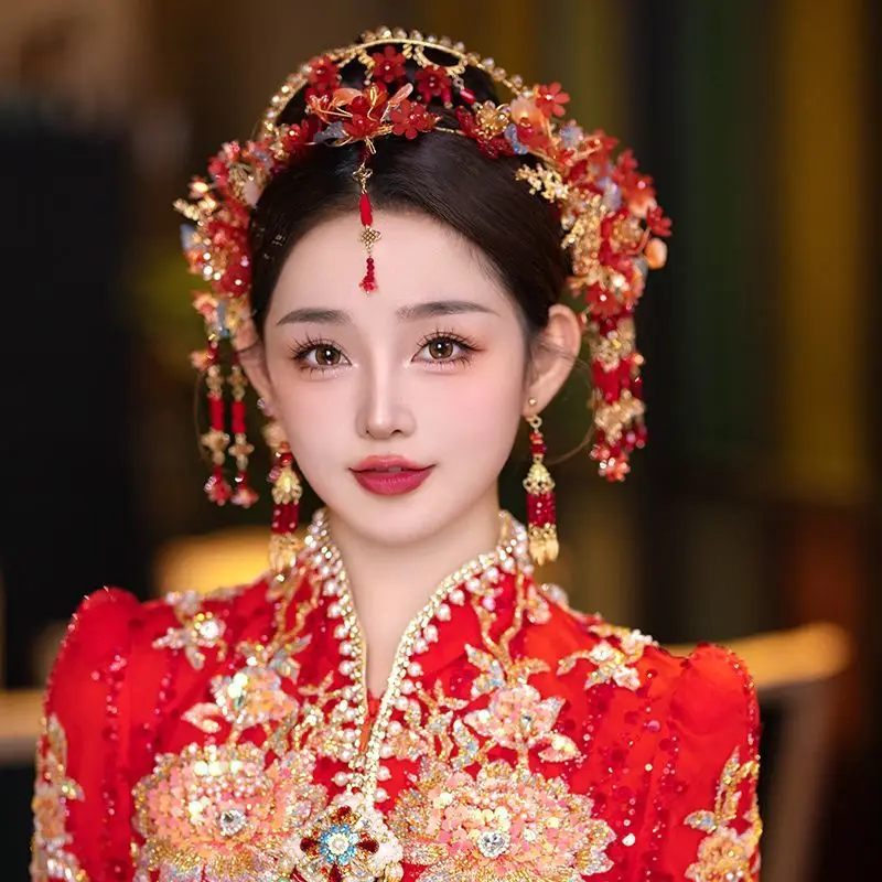 New Chinese Wedding Crystal Flower Headband Red Tassels Xiuhe Headdress Wedding Costume Party Stage Hair Jewelries