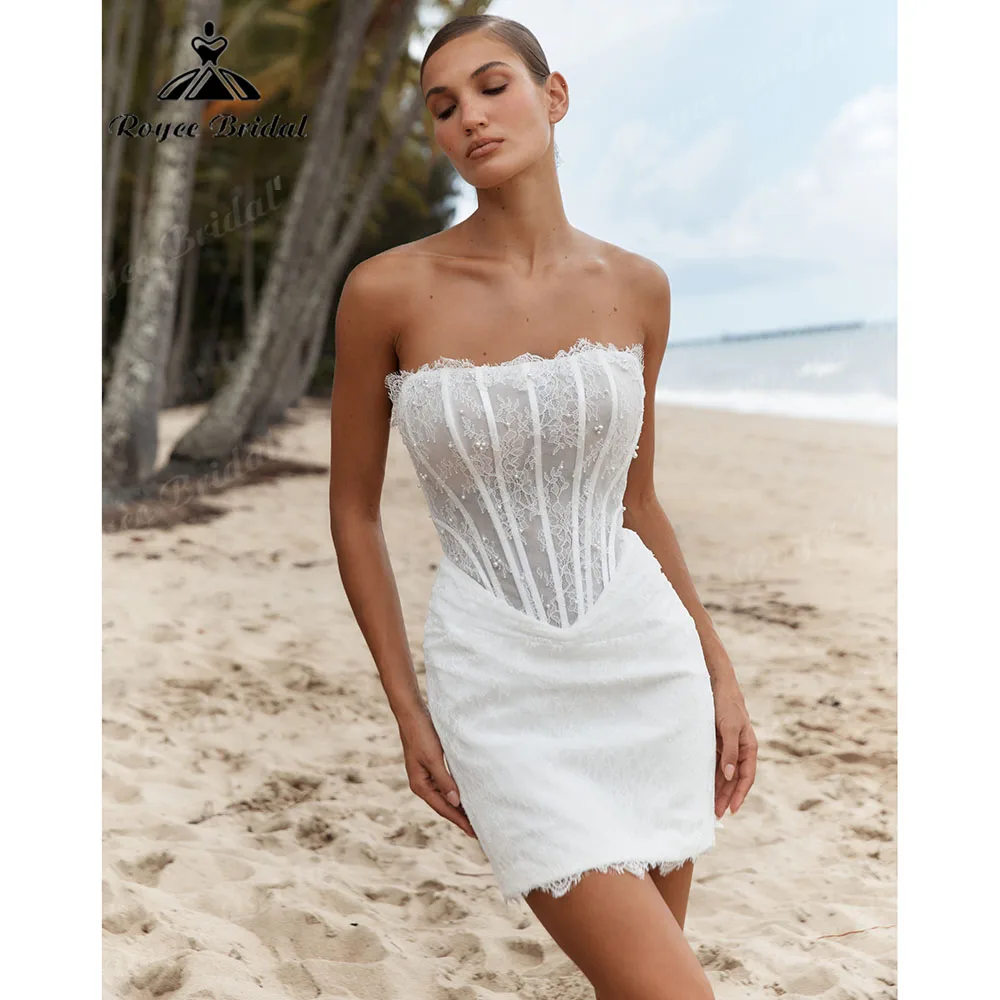 Roycebridal Strapless Corset Mini Wedding Dress Sheer Lace Boned Bodice Pearl Detail Lace Up Back Bridal Gown Customized