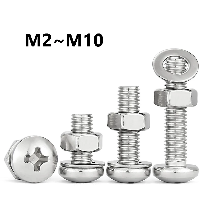 1~20Pcs 304 Stainless Steel Phillips Screw with Nut Washer Sems Screw M2M2.5 M3 M4 M5 M6 M8 M10 Cross Round Head with Nut Washer