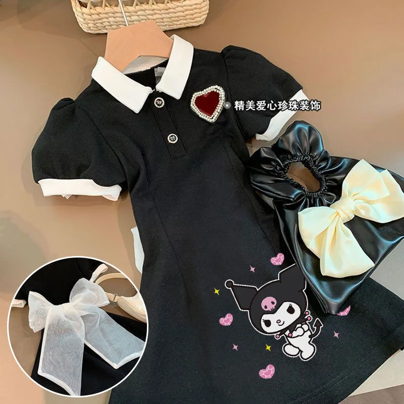 Kawaii Sanrioed Kuromi-Jupe à manches courtes pour filles, robe de princesse mignonne pour enfants, mode, robe trapèze, vêtements d'été pour enfants, cadeaux