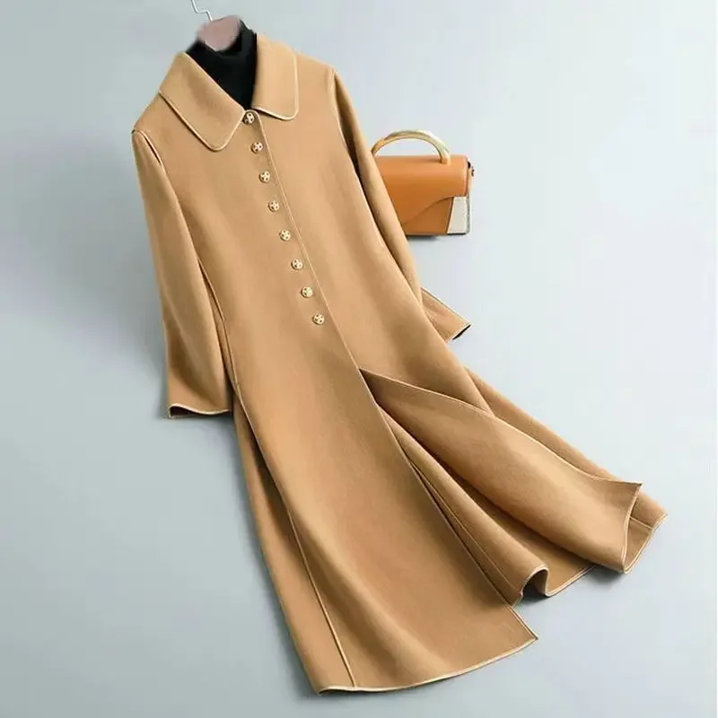 Elegant Single Breasted Woolen Trench Coat for Women Korean Fashion Long Sleeve Lapel Slim Jacket Autumn Winter Overcoats A287