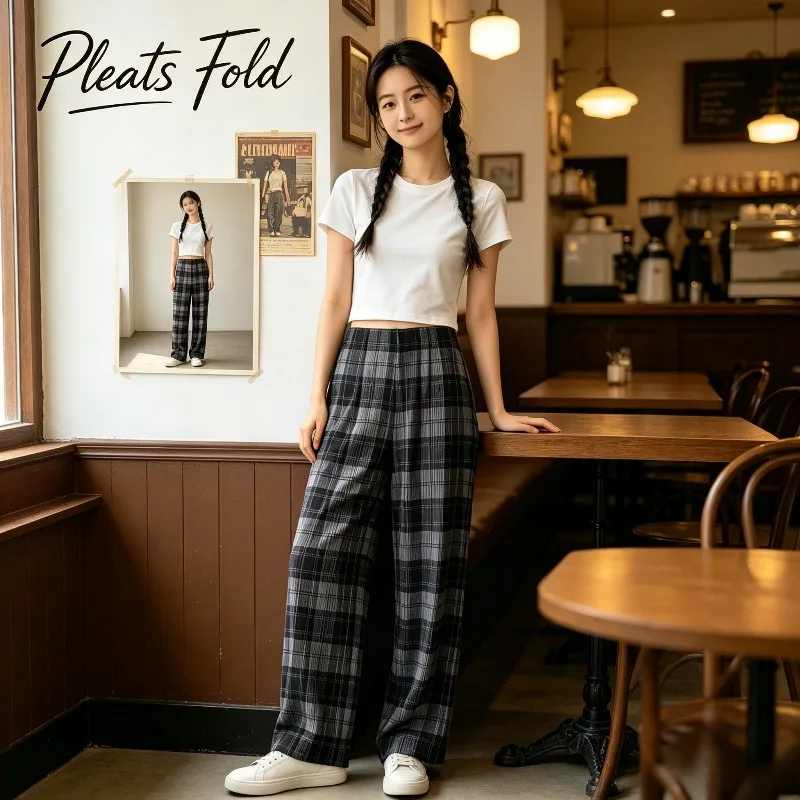 Miyake Pleated 2026 Summer Plaid Wide-Leg Pants for Women Gray and Black Checkered High-Waisted Draped Straight-Leg Casual Pants