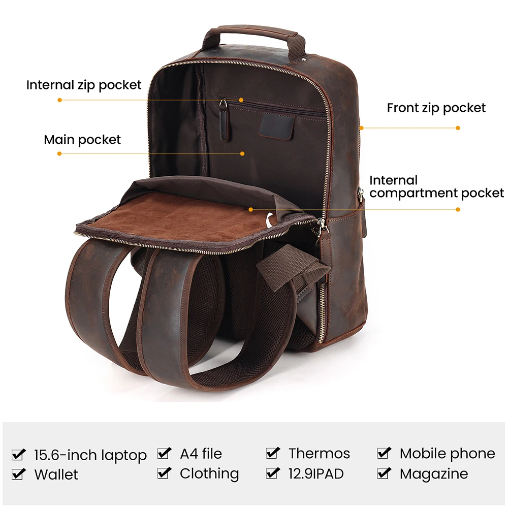 YIR-Sac à dos en cuir de cheval pour homme, sac à dos pour ordinateur portable, sac à dos de jour avec chargement USB, sac à dos d'affaires de voyage, cartable, nouveau, chaîne, élan, 15.6 pouces