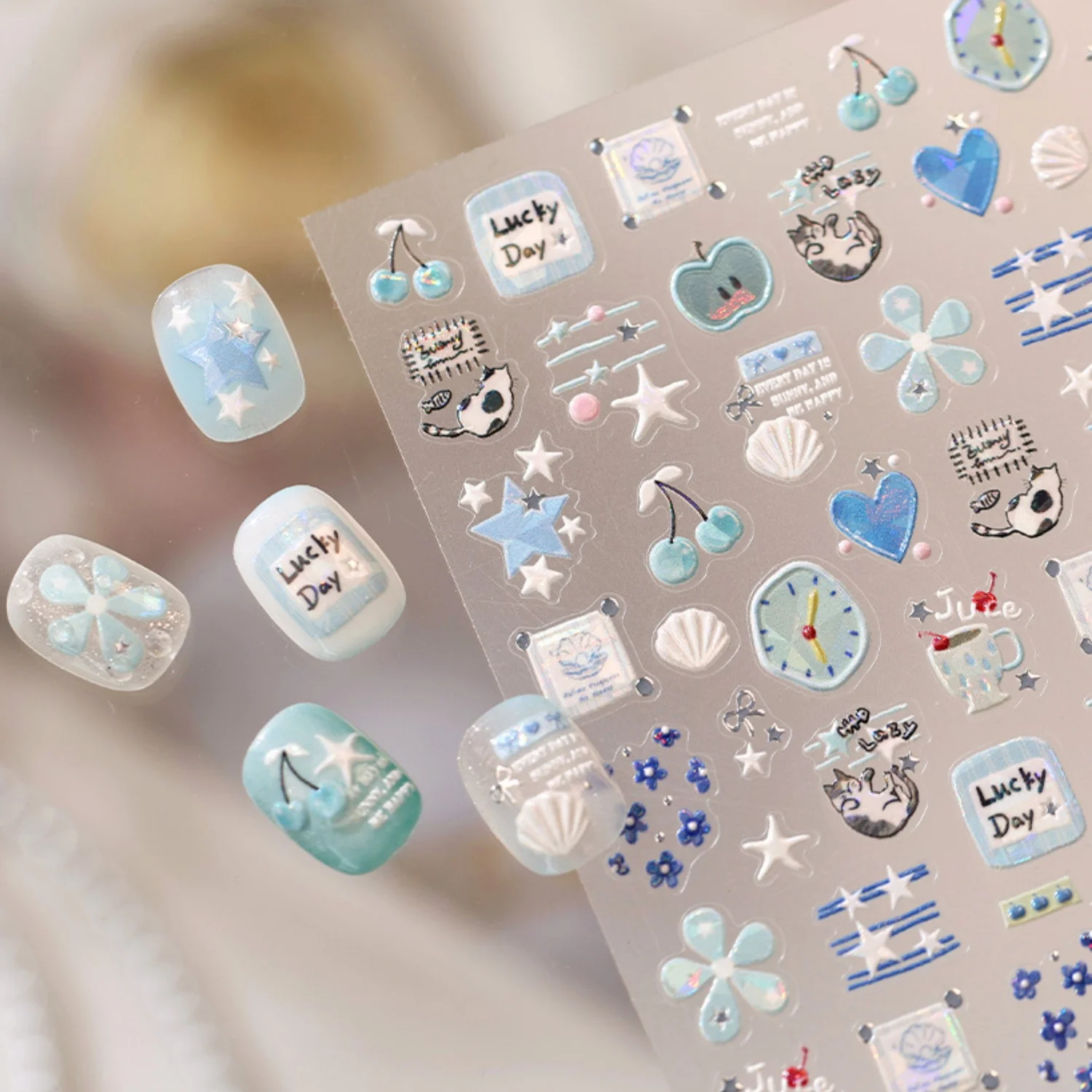 Cartoon Pale Blue Heart Fruit Clock Kitten 5D Nail Art Stickers Starfish Floral Self Adhesive Nail Decals Lovely Spring Manicure