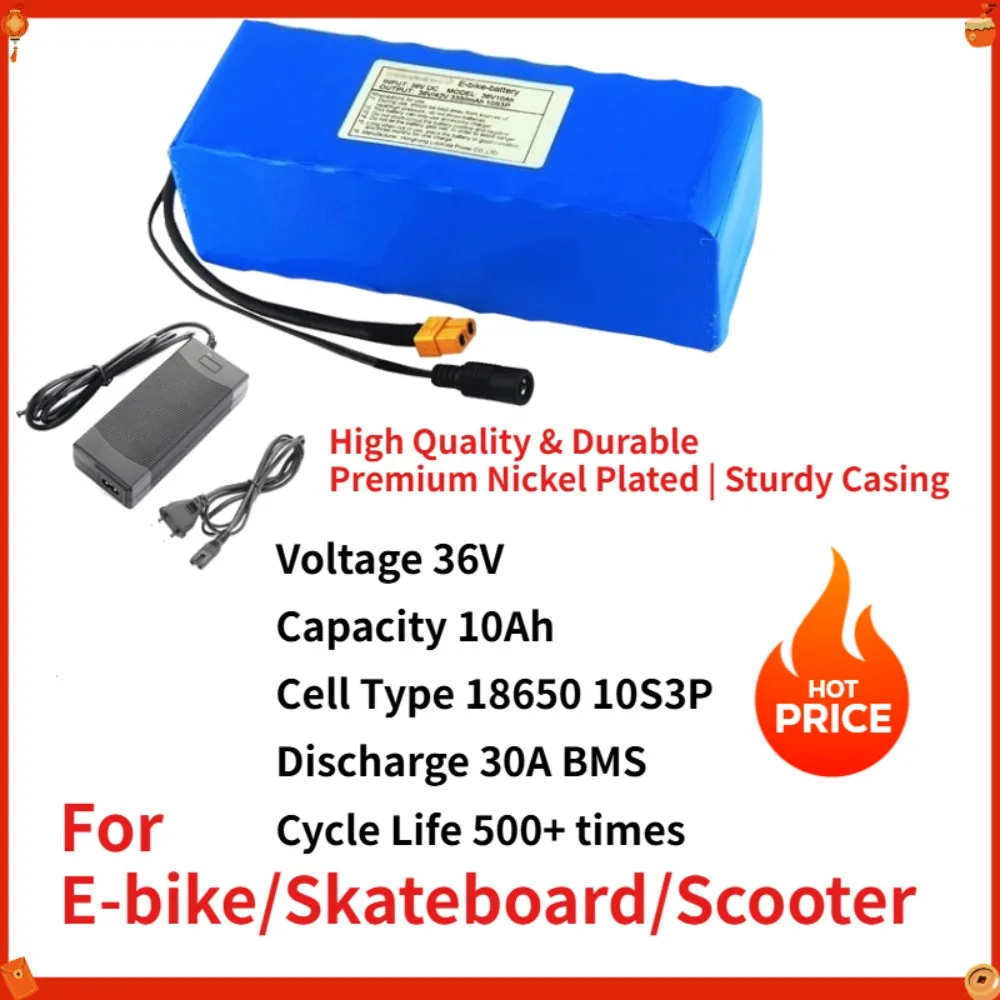 36V 10Ah 18650 10S3P Electric Scooter Battery Pack 30A BMS High Power Lithium Battery for E-bike Skateboard/Scooter
