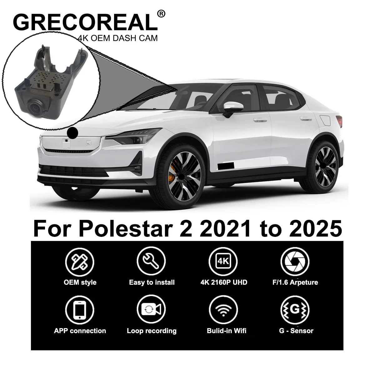 

GRECOREAL 4K Dash Cam Front and Rear 2160P WiFi Car Dual Dashcam APP Control Easy Install Plug Play Compatible with Polestar 2