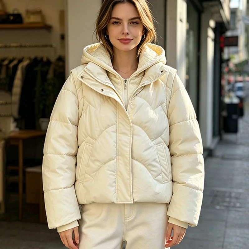 2026 New Women 2 in1 Hooded Warm Quilted Parka Removable Sleeves Casual Winter Outerwear Convertible Sleeveless Vest Coat