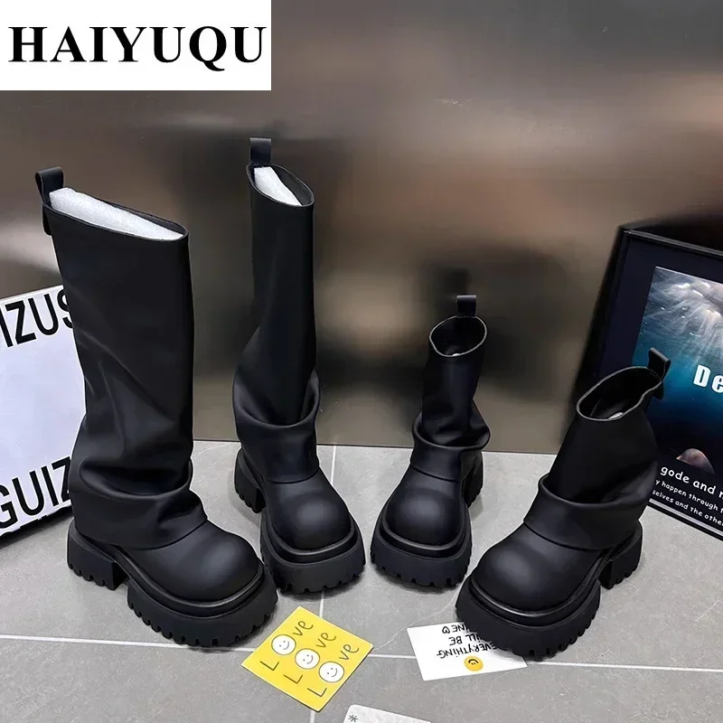 Botki damskie buty do kolan skórzane buty na platformie Chunky Snow Design 2024 Trend motocykl jesień Punk Goth Botas Mujer