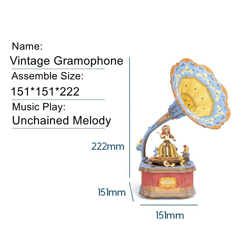 Kids Education Toy DIY Gramophone 3D Puzzle Game Assembly Moveable Music Box Toy Gift for Children Adults Living Room Decoration