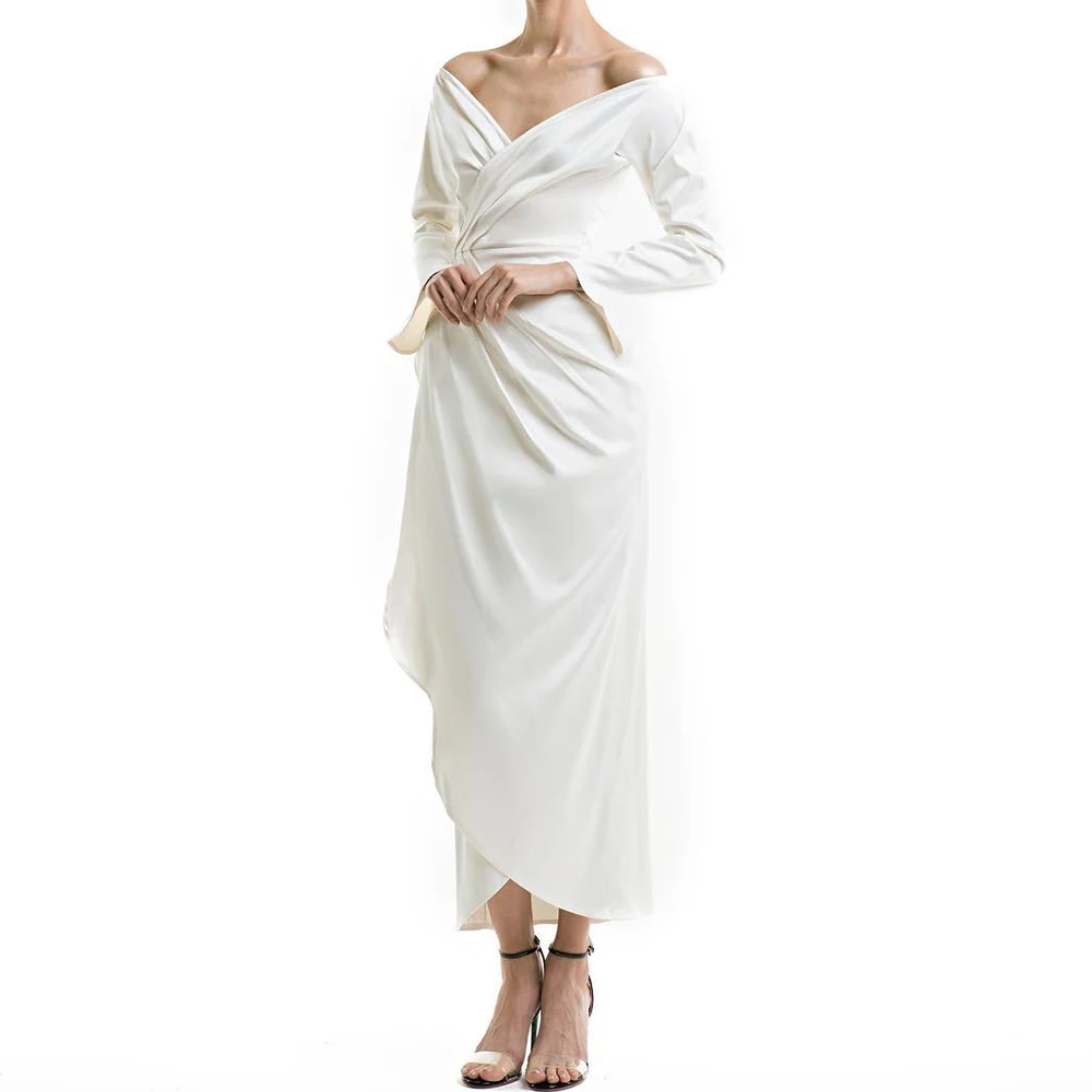 Customized Temperament Straight Ankle Length Strapless Jersey Long Sleeves Pleats Evening Dress Elegant vestidos para mujer