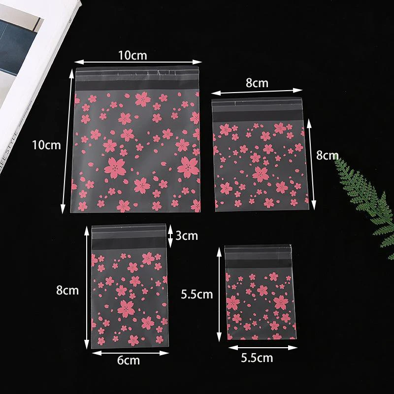 100pcs Cherry blossom Self Adhesive Treat Bag Cellophane Poly Candy Bags for Cookies Wrapper Party Favor Candy Jewelry Packaging