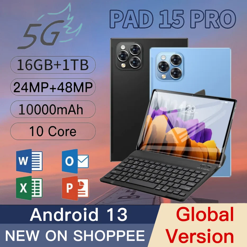 

New Pad 15 Pro Tablet 16GB RAM 1TB ROM Android13 11 inch MTK6797 5G WiFi GPS Bluetooth Slim and easy to carry Bluetooth Keyboard