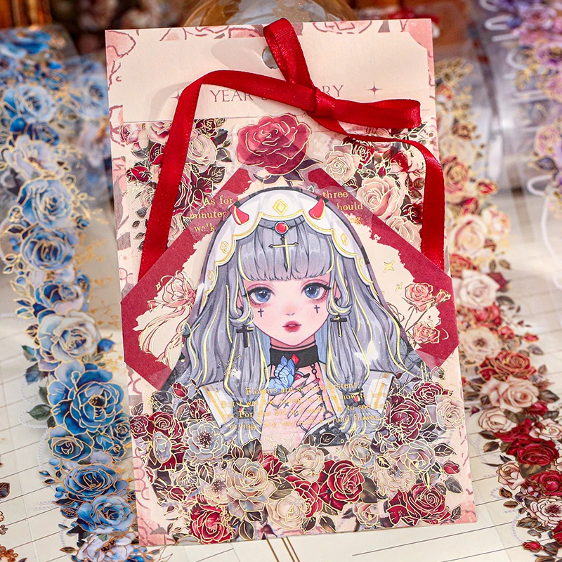 1 Rolle 2 m PET-Heißprägeband Retro Exquisites Rosenblütenband Landschaft Collagenmaterial DIY Fotorahmen Notizbuch Dekoration