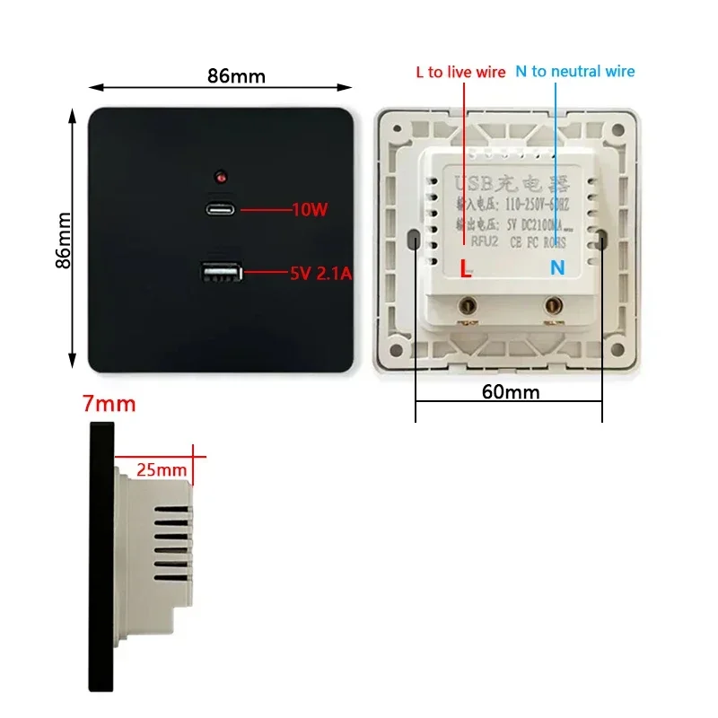 Toma de corriente Universal tipo C para pared, adaptador de enchufe USB de 2 puertos, 10W, 220V, color negro