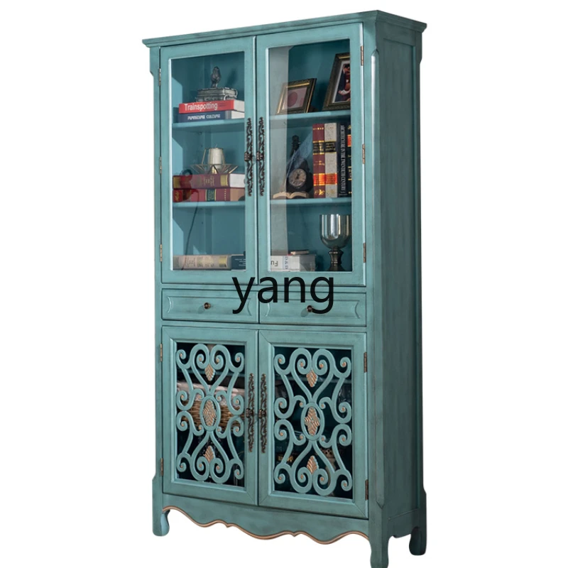 

Yjq American Style Bookcase Shelf Four-Door Storage Complete Mediterranean Style Bookcase with Glass Door