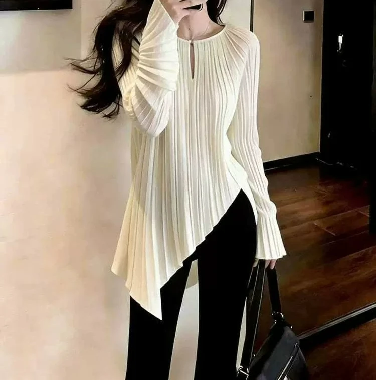 

Design Sense Beige Round Neck Long-sleeved Top Women's Versatile and Thin Pleated Irregular Hem Loose Spring Regular